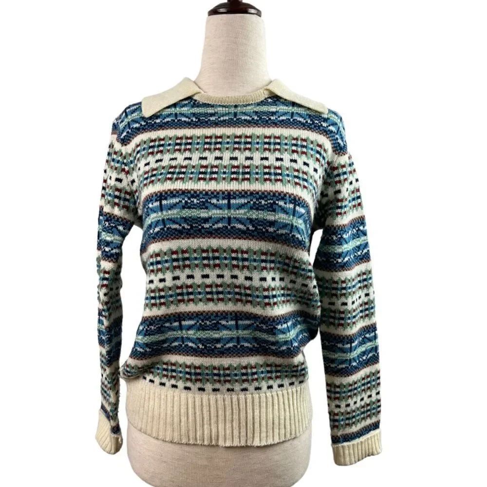 Vintage 70s Ricki Collared Crewneck Argyle Stripe Sweater Medium